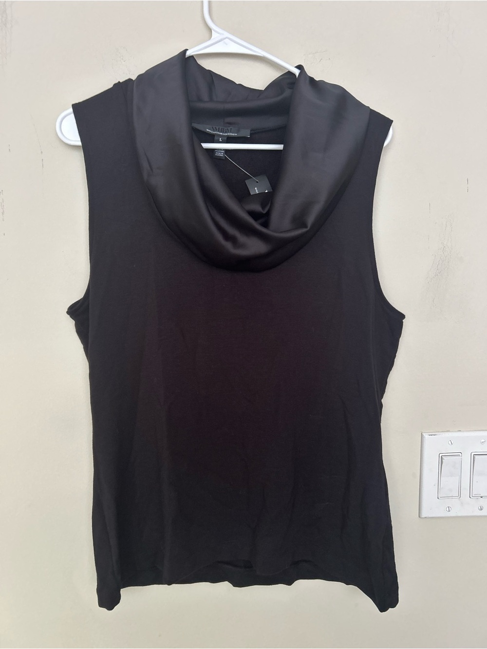 NWT WHBM sleeveless black top satin cowl neckline matte knit body. Sz L